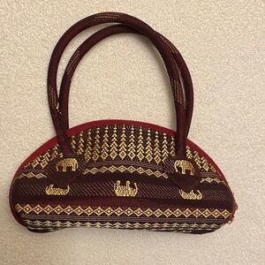 Maroon & Gold Woven Elephant Tote Handbag